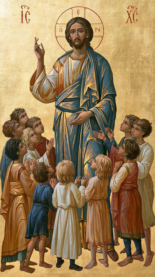 Jesus and the children in a contemporary Byzantine icon in Contemporary Byzantine style, portrait Christian artwork no. 5
