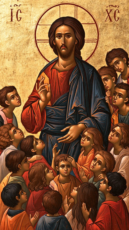 Jesus and the children in a contemporary Byzantine icon in Contemporary Byzantine style, portrait Christian artwork no. 7