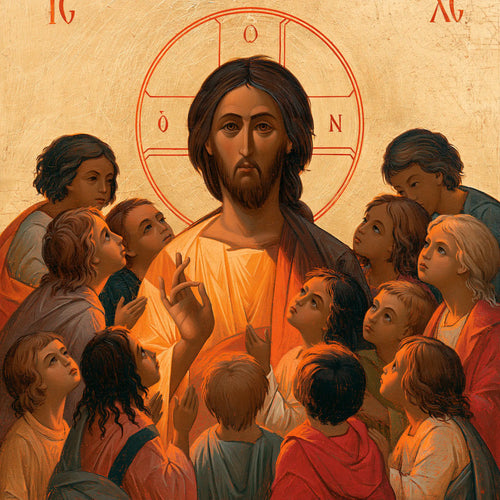 Jesus and the children in a contemporary Byzantine icon in Contemporary Byzantine style, square Christian artwork no. 6