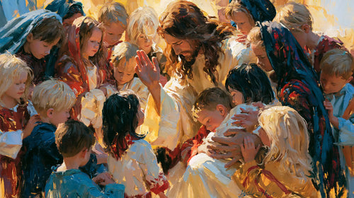 Jesus surrounded by children in an expressionist composition in Expressionist style, landscape Christian artwork no. 5