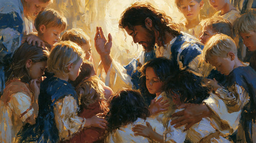 Jesus surrounded by children in an expressionist composition in Expressionist style, landscape Christian artwork no. 10