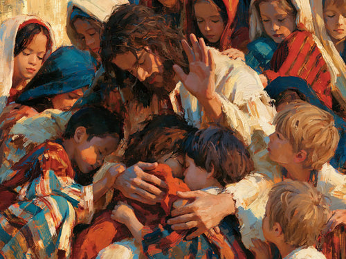 Jesus surrounded by children in an expressionist composition in Expressionist style, landscape Christian artwork no. 13