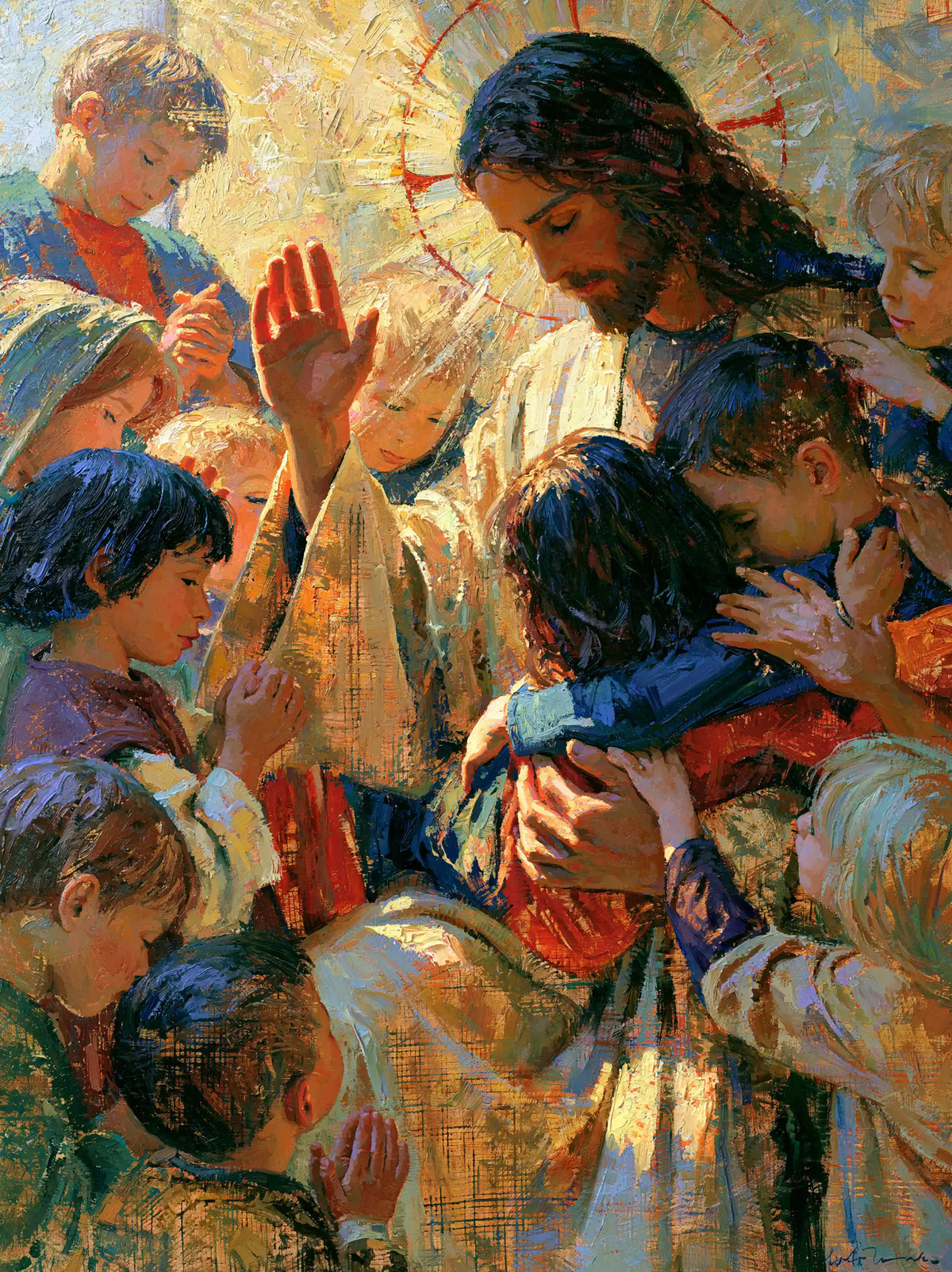 Jesus and the Children — The Red Gesture in Woven Light