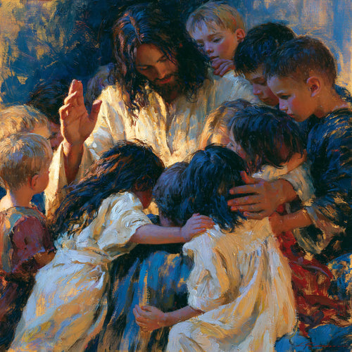 Jesus surrounded by children in an expressionist composition in Expressionist style, square Christian artwork no. 3
