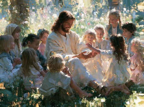 Jesus with children in an impressionist atmosphere in Impressionist style, landscape Christian artwork no. 7