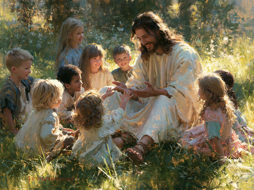 Jesus with children in an impressionist atmosphere in Impressionist style, landscape Christian artwork no. 8