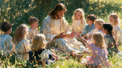 Jesus with children in an impressionist atmosphere in Impressionist style, landscape Christian artwork no. 11