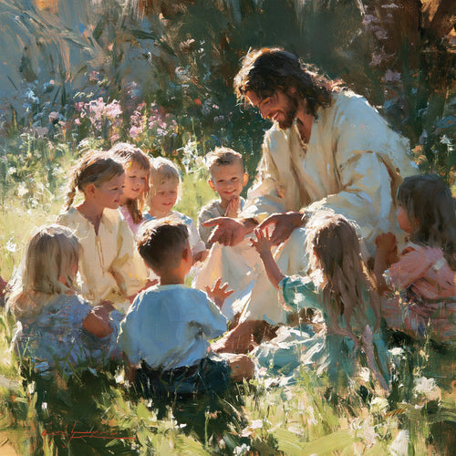 Jesus with children in an impressionist atmosphere in Impressionist style, square Christian artwork no. 2