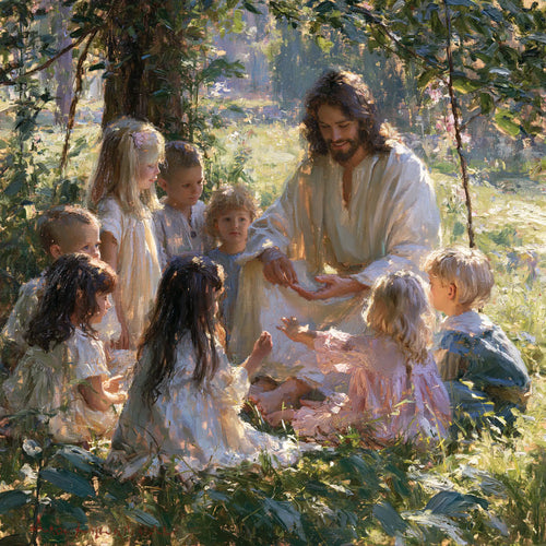 Jesus with children in an impressionist atmosphere in Impressionist style, square Christian artwork no. 3