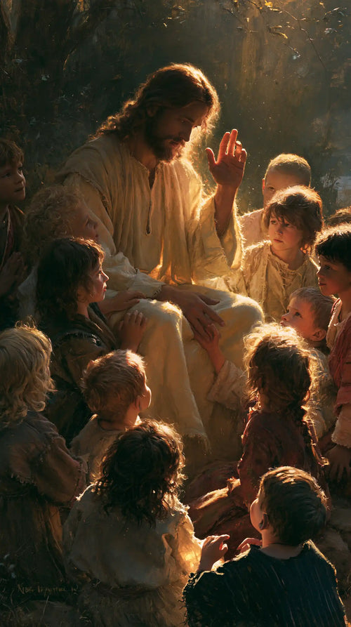Jesus as divine light among the children in Jesus as Divine Light style, portrait Christian artwork no. 1