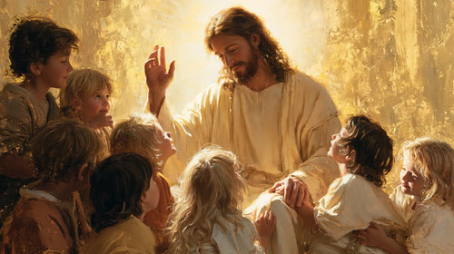Jesus welcoming children in radiant golden light in Sacred Gold style, landscape Christian artwork no. 11