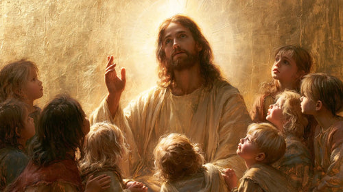 Jesus welcoming children in radiant golden light in Sacred Gold style, landscape Christian artwork no. 14