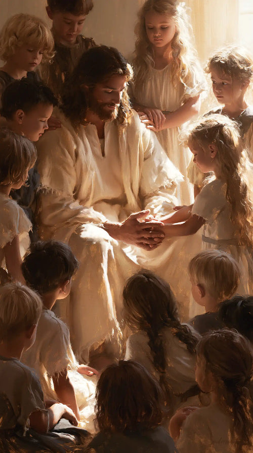 Jesus with children in a meditation on sacred innocence in Innocence as a Sacred Symbol style, portrait Christian artwork no. 4