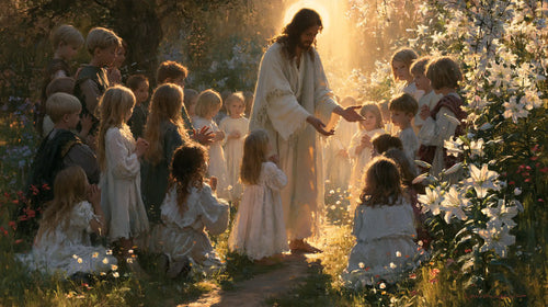 Jesus and the children in a symbolist composition in Symbolist style, landscape Christian artwork no. 1