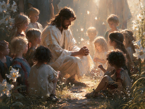 Jesus and the children in a symbolist composition in Symbolist style, landscape Christian artwork no. 15