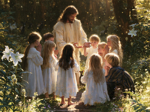 Jesus and the children in a symbolist composition in Symbolist style, landscape Christian artwork no. 16