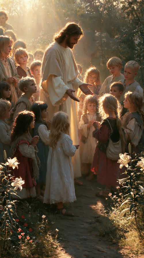 Jesus and the children in a symbolist composition in Symbolist style, portrait Christian artwork no. 6
