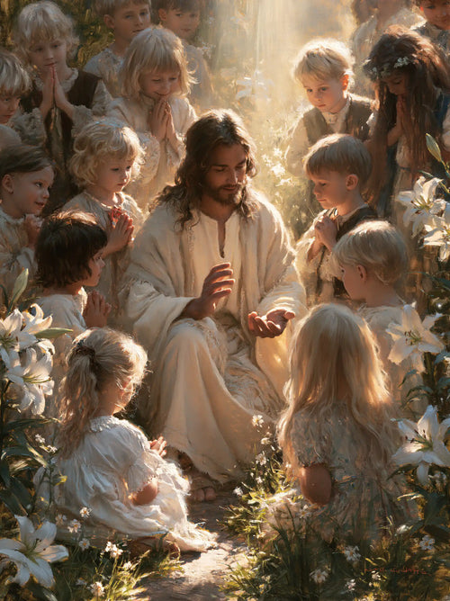 Jesus and the children in a symbolist composition in Symbolist style, portrait Christian artwork no. 9