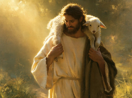 Jesus and the lamb in a cinematic biblical landscape in Biblical Cinema style, landscape Christian artwork no. 1