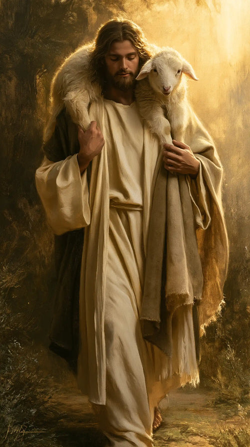 Jesus and the lamb in a cinematic biblical landscape in Biblical Cinema style, portrait Christian artwork no. 5