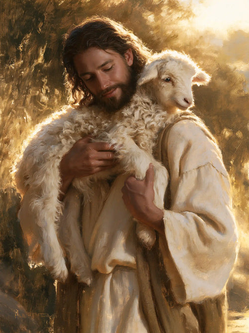 Jesus and the lamb in a cinematic biblical landscape in Biblical Cinema style, portrait Christian artwork no. 10