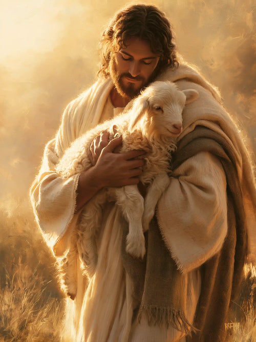 Jesus and the lamb in a cinematic biblical landscape in Biblical Cinema style, portrait Christian artwork no. 11