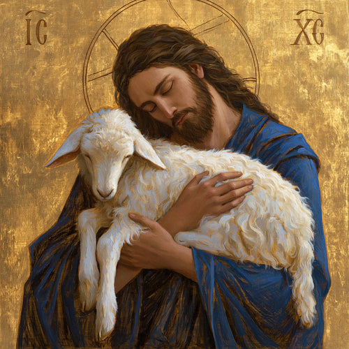 Jesus and the lamb in a contemporary Byzantine icon in Contemporary Byzantine style, square Christian artwork no. 2