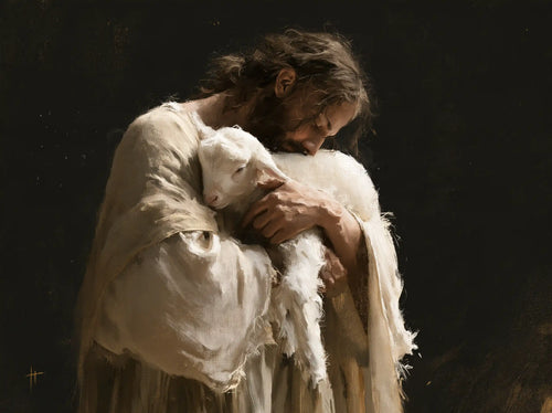 Jesus and the lamb in a minimalist composition in Contemporary Minimalism style, landscape Christian artwork no. 1