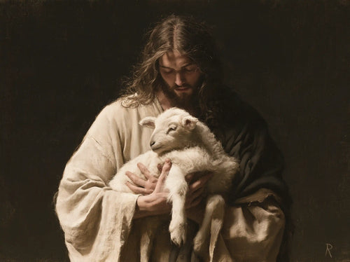 Jesus and the lamb in a minimalist composition in Contemporary Minimalism style, landscape Christian artwork no. 6