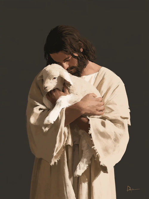 Jesus and the lamb in a minimalist composition in Contemporary Minimalism style, portrait Christian artwork no. 4