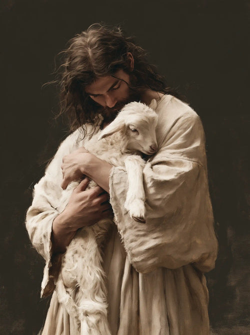 Jesus and the lamb in a minimalist composition in Contemporary Minimalism style, portrait Christian artwork no. 5