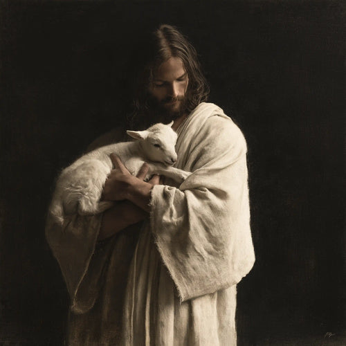 Jesus and the lamb in a minimalist composition in Contemporary Minimalism style, square Christian artwork no. 3