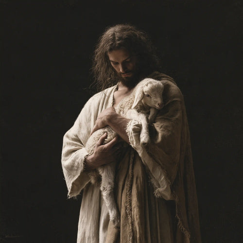 Jesus and the lamb in a minimalist composition in Contemporary Minimalism style, square Christian artwork no. 6