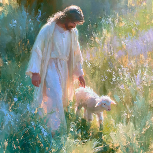 Jesus with a lamb in an impressionist pastoral scene in Impressionist style, square Christian artwork no. 5