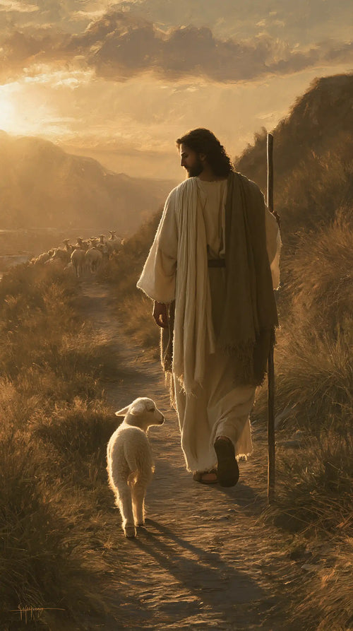 Jesus guiding a lamb along the path in Jesus Guiding the Lamb style, portrait Christian artwork no. 4