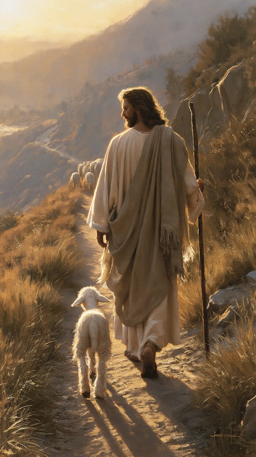 Jesus guiding a lamb along the path in Jesus Guiding the Lamb style, portrait Christian artwork no. 5