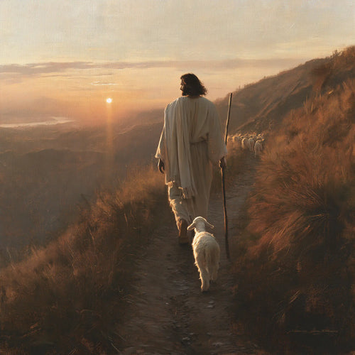 Jesus guiding a lamb along the path in Jesus Guiding the Lamb style, square Christian artwork no. 5
