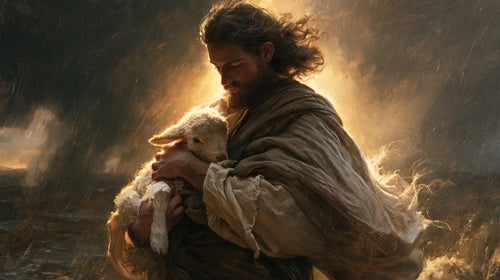 Jesus protecting a lamb in Jesus Protecting the Lamb style, landscape Christian artwork no. 16
