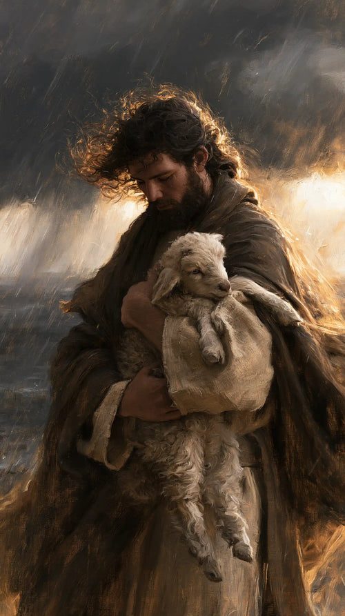 Jesus protecting a lamb in Jesus Protecting the Lamb style, portrait Christian artwork no. 6