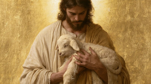 Jesus with a lamb in sacred golden light in Sacred Gold style, landscape Christian artwork no. 13