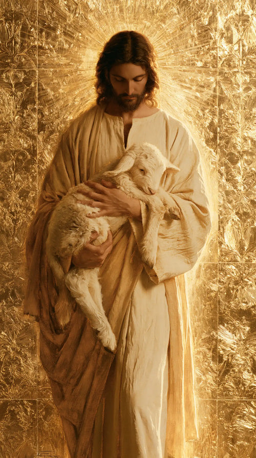 Jesus with a lamb in sacred golden light in Sacred Gold style, portrait Christian artwork no. 7