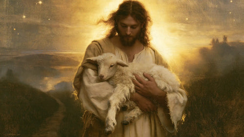Jesus and the lamb in a symbolist composition in Symbolist style, landscape Christian artwork no. 12