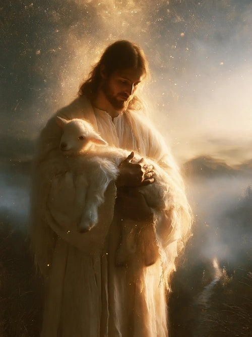 Jesus and the lamb in a symbolist composition in Symbolist style, portrait Christian artwork no. 9
