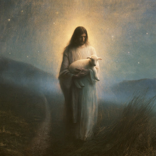 Jesus and the lamb in a symbolist composition in Symbolist style, square Christian artwork no. 5