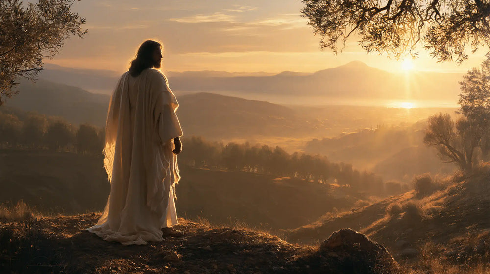 Jesus walking along a hillside at sunset in Sacred Silence style, landscape Christian artwork no. 2
