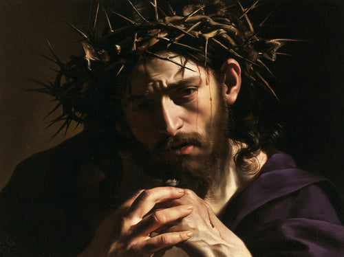 Jesus crowned with thorns in dramatic chiaroscuro in Caravaggio Tenebrism style, landscape Christian artwork no. 5