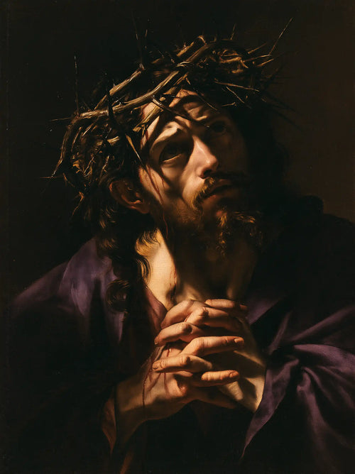 Jesus crowned with thorns in dramatic chiaroscuro in Caravaggio Tenebrism style, portrait Christian artwork no. 8