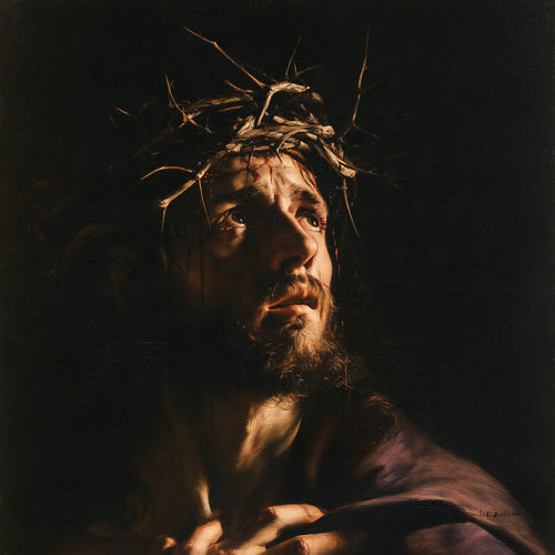 Jesus crowned with thorns in dramatic chiaroscuro in Caravaggio Tenebrism style, square Christian artwork no. 4
