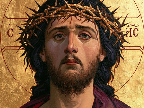 Jesus crowned with thorns in a contemporary Byzantine icon in Contemporary Byzantine style, landscape Christian artwork no. 7