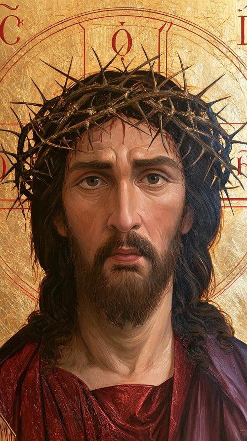 Jesus crowned with thorns in a contemporary Byzantine icon in Contemporary Byzantine style, portrait Christian artwork no. 1
